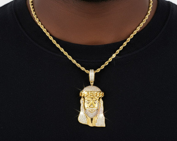 14k Gold Diamond Jesus Face Pendant with Cuban Link Crown 4.0ct - AVI THE JEWELER