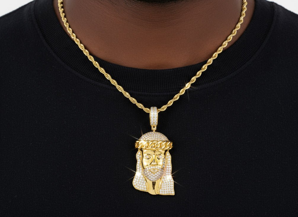 14k Gold Diamond Jesus Face Pendant with Cuban Link Crown 4.0ct - AVI THE JEWELER