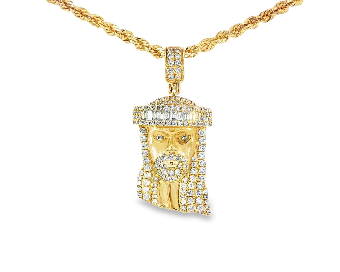 14k Gold Diamond Jesus Head Pendant with Baguette & Round - Cut Detailing 1.78ct - AVI THE JEWELER