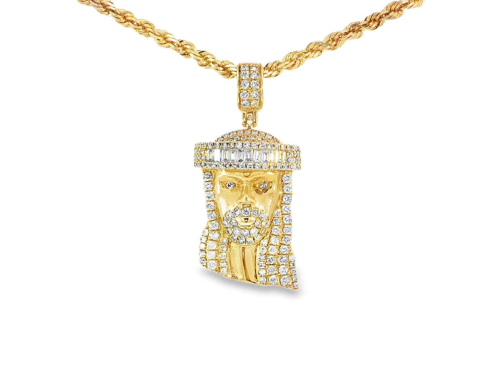 14k Gold Diamond Jesus Head Pendant with Baguette & Round - Cut Detailing 1.78ct - AVI THE JEWELER