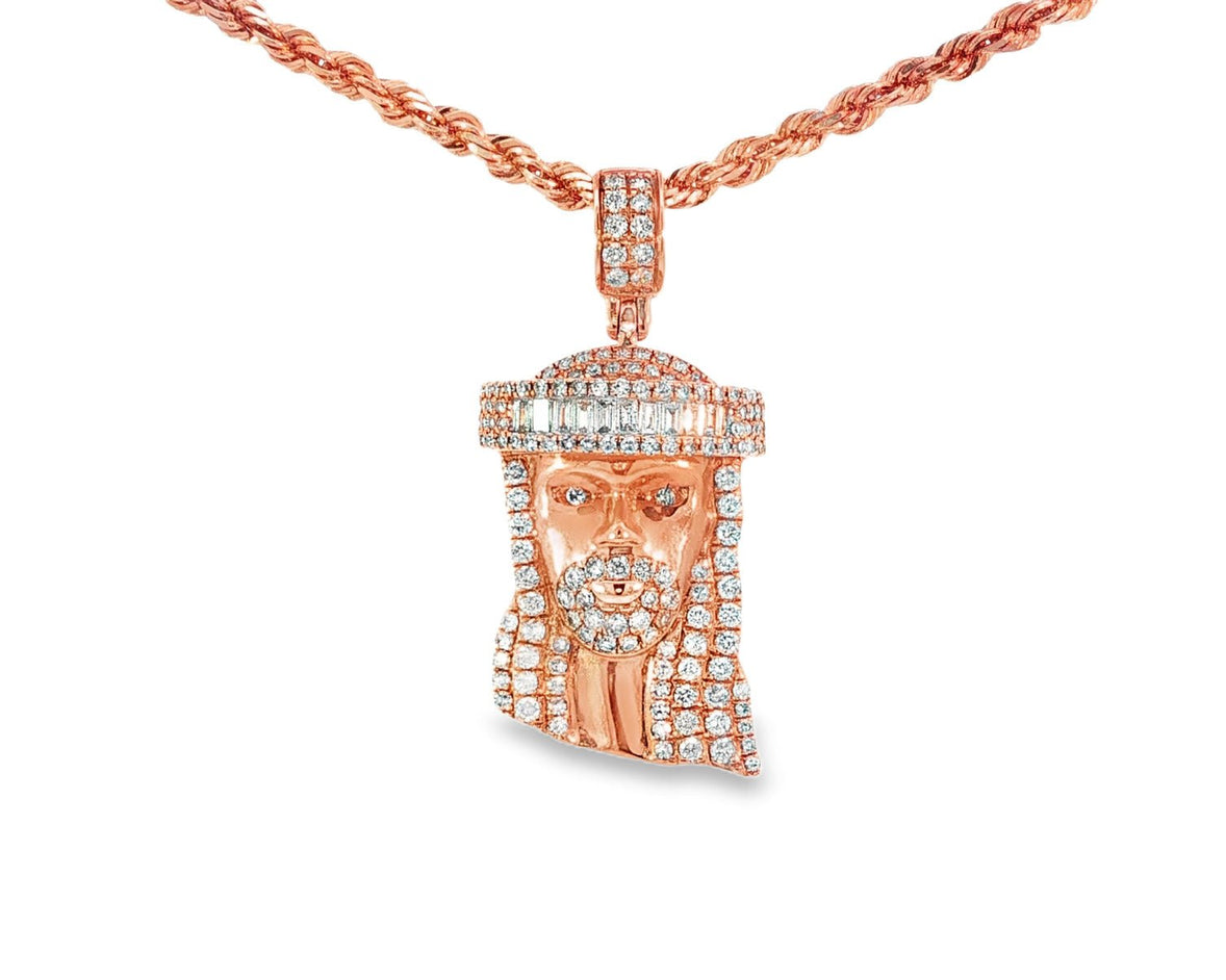 14k Gold Diamond Jesus Head Pendant with Baguette & Round - Cut Detailing 1.78ct - AVI THE JEWELER
