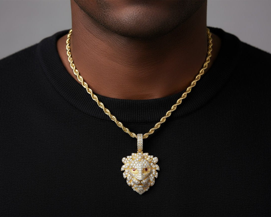 14k Gold Diamond Lion Head Pendant with Ruby Eyes 2.45ct - AVI THE JEWELER