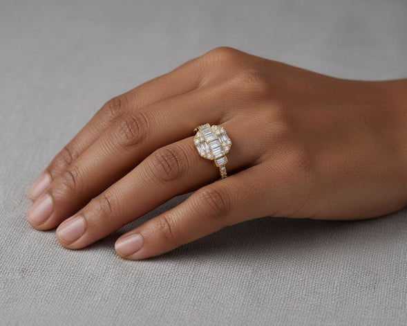 14k Gold Diamond Octagon Cluster Ring with Baguette & Round 0.80ct - AVI THE JEWELER