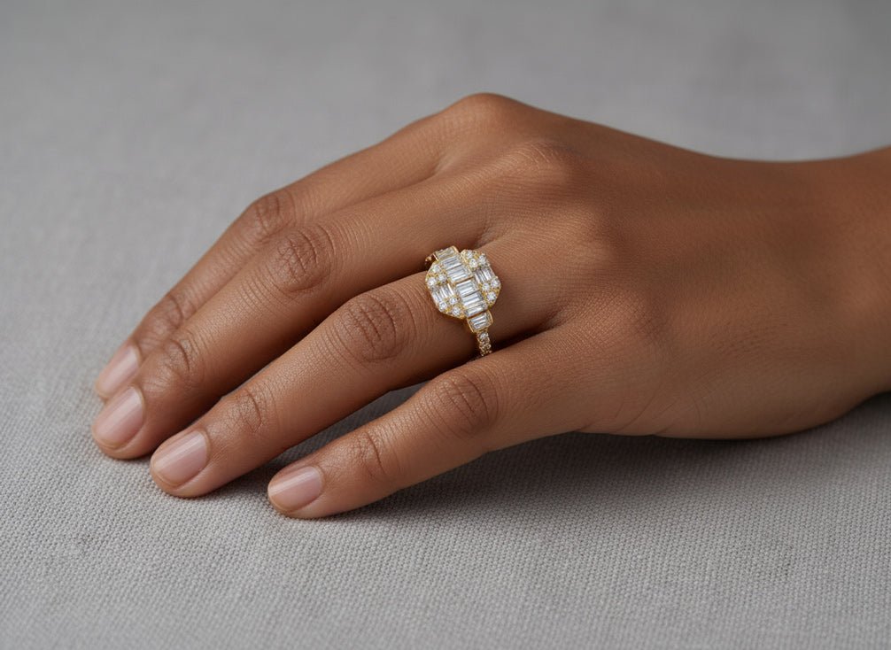 14k Gold Diamond Octagon Cluster Ring with Baguette & Round 0.80ct - AVI THE JEWELER