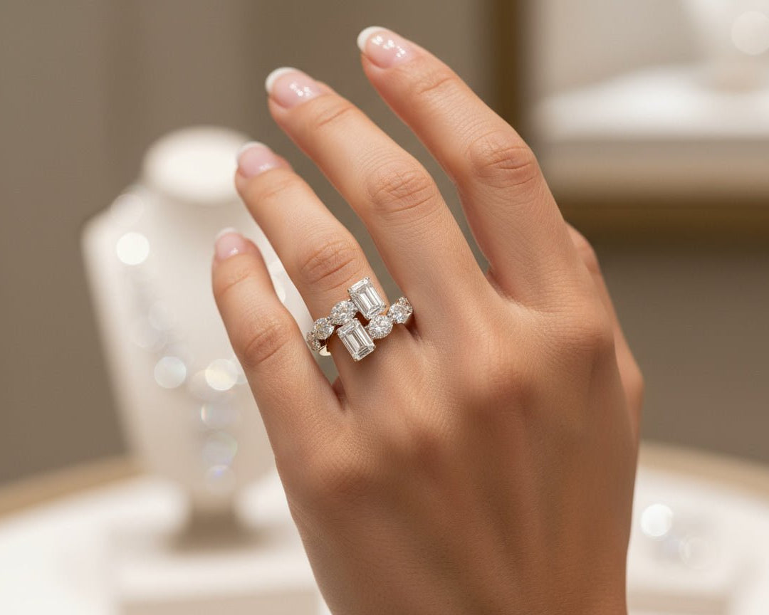 14k Gold Diamond Open Ring with Dual Emerald - Cut & Round 4.22ct - AVI THE JEWELER