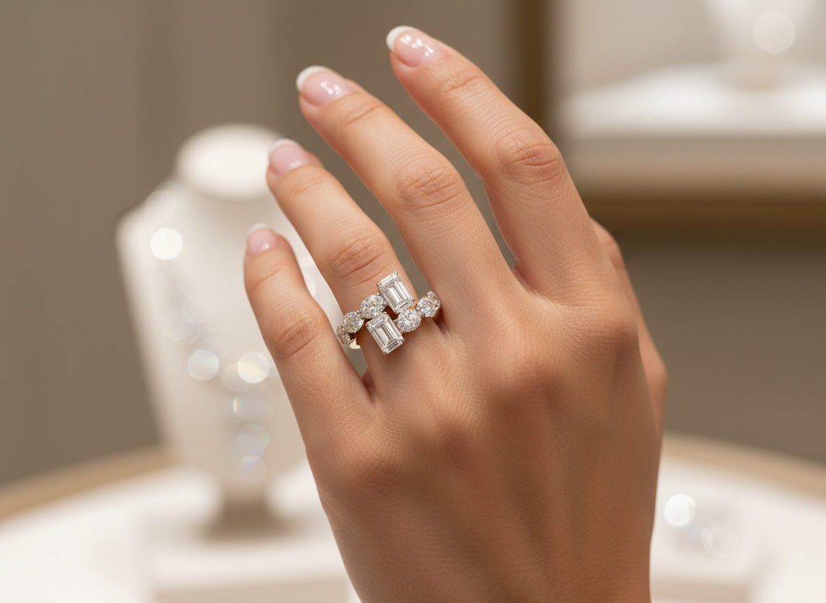 14k Gold Diamond Open Ring with Dual Emerald - Cut & Round 4.22ct - AVI THE JEWELER