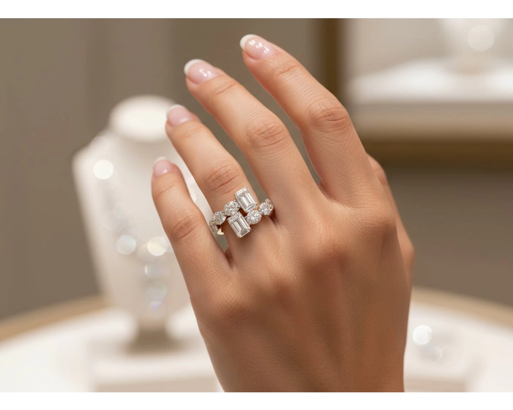 14k Gold Diamond Open Ring with Dual Emerald-Cut & Round 4.22ct – view 2