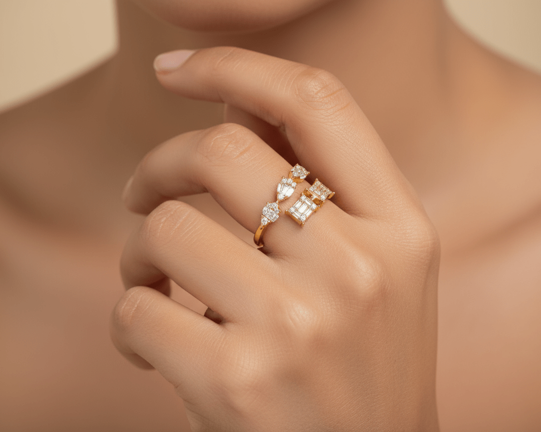 14k Gold Diamond Open Ring with Pear & Baguette Cluster 0.85ct - AVI THE JEWELER