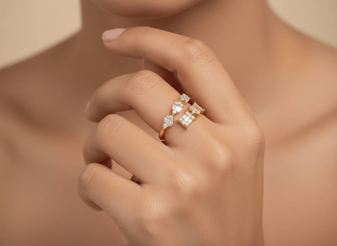 14k Gold Diamond Open Ring with Pear & Baguette Cluster 0.85ct - AVI THE JEWELER