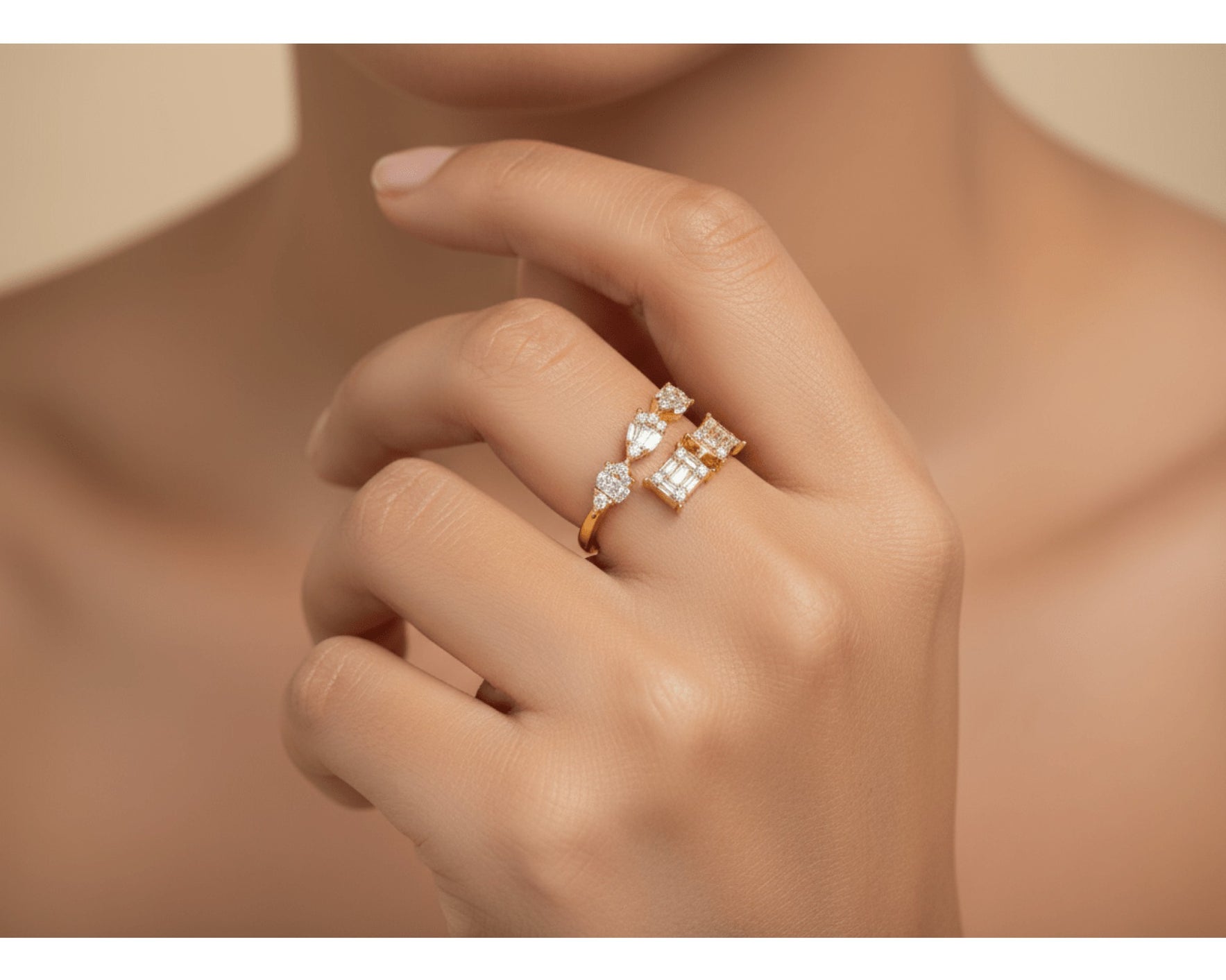 14k Gold Diamond Open Ring with Pear & Baguette Cluster 0.85ct – view 2