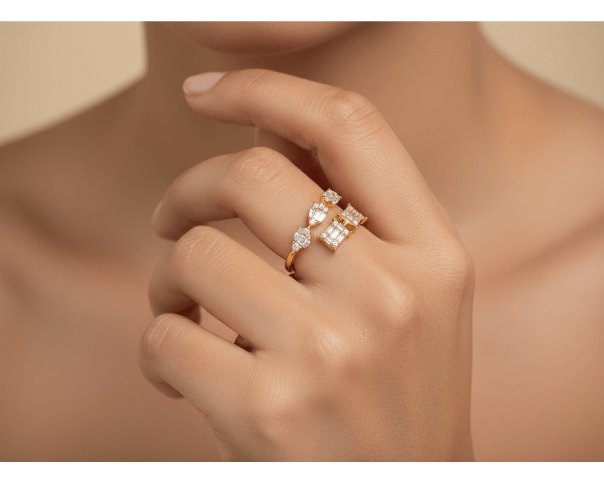 14k Gold Diamond Open Ring with Pear & Baguette Cluster 0.85ct – view 2