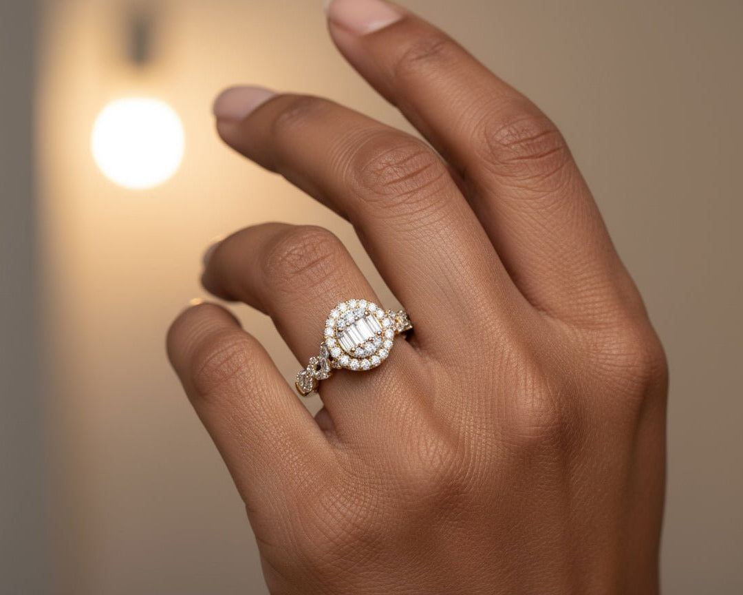 14k Gold Diamond Oval Halo Ring with Baguette & Round Cluster 0.90ct - AVI THE JEWELER