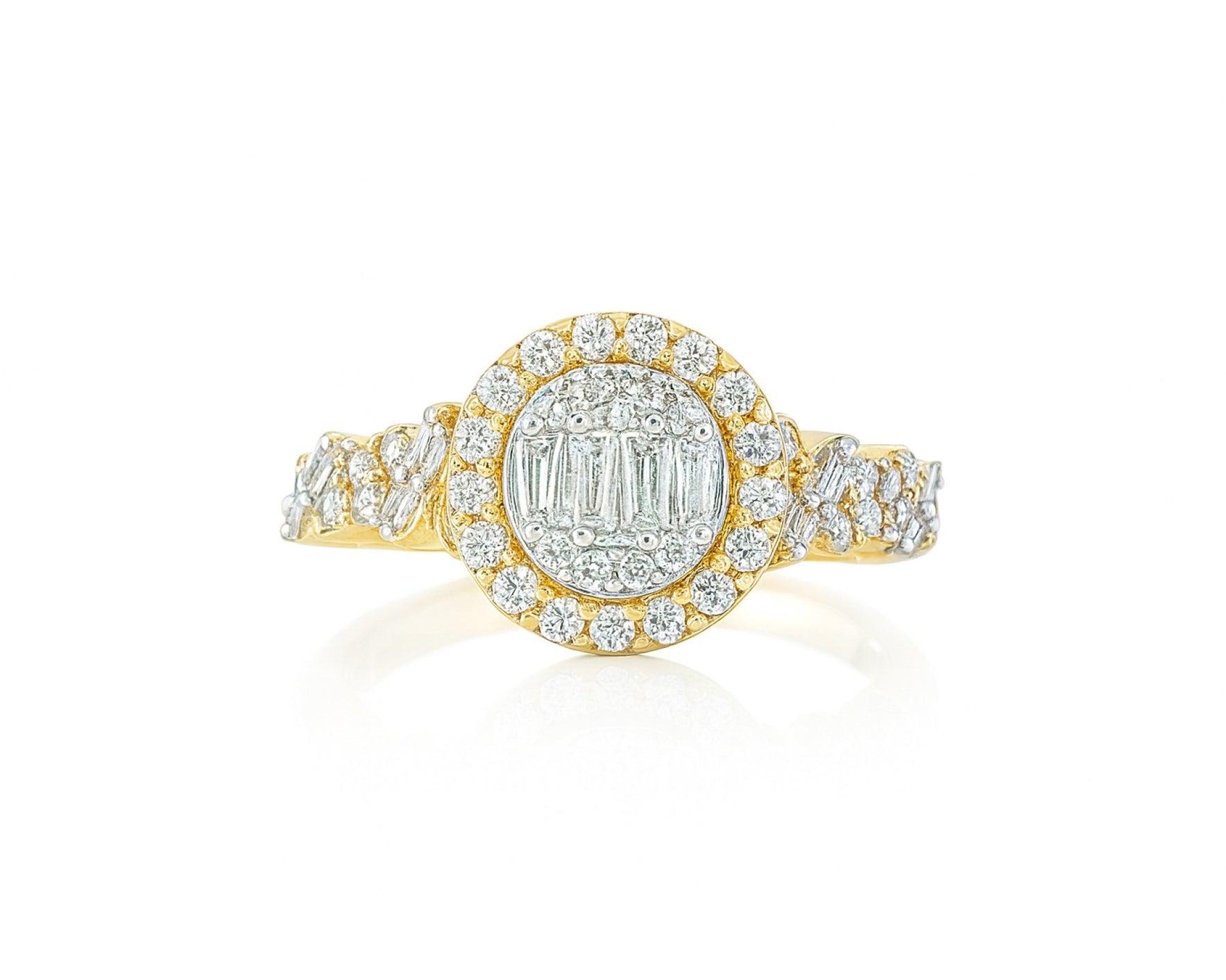 14k Gold Diamond Oval Halo Ring with Baguette & Round Cluster 0.90ct – lifestyle 693