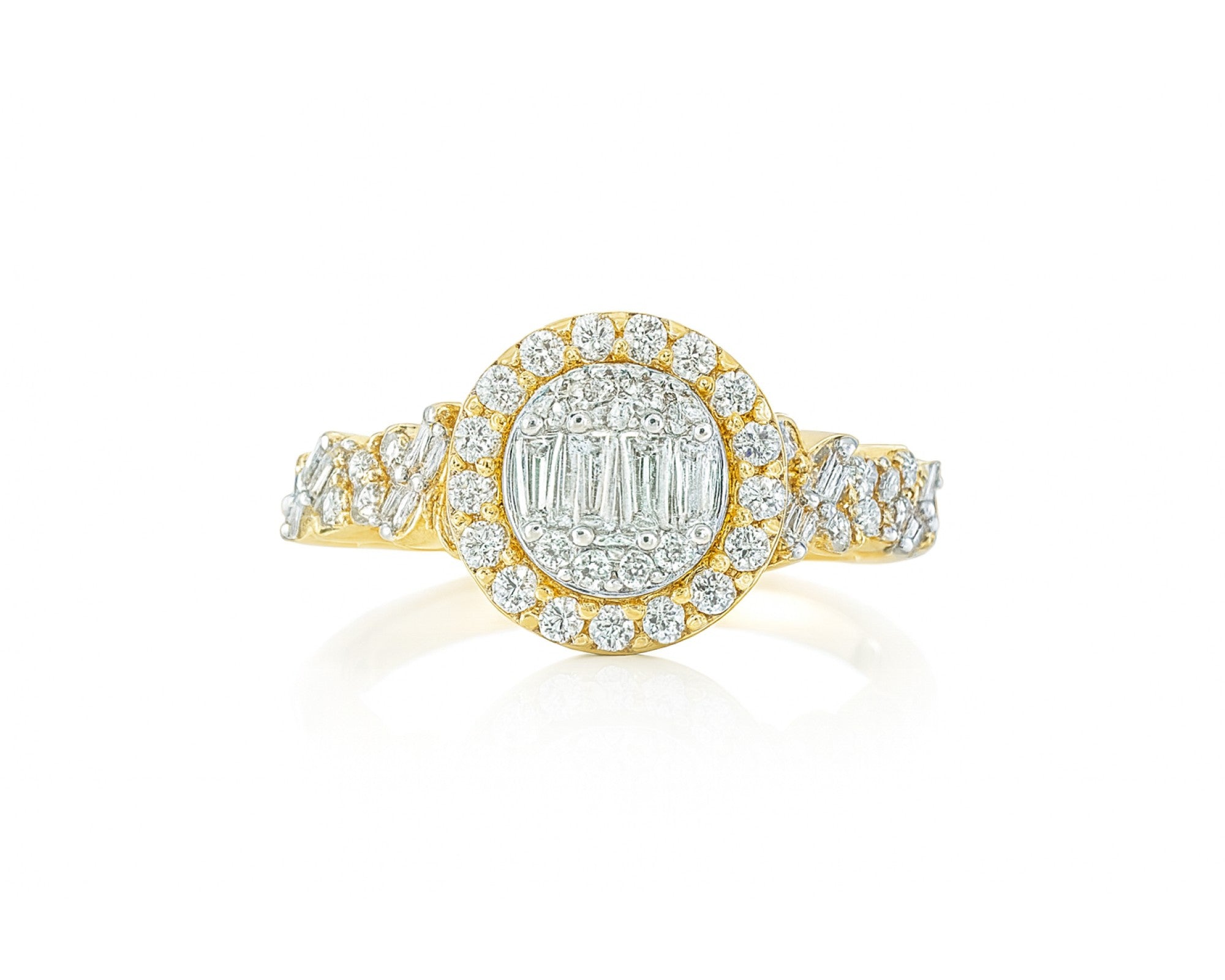 14k Gold Diamond Oval Halo Ring with Baguette & Round Cluster 0.90ct – lifestyle 693