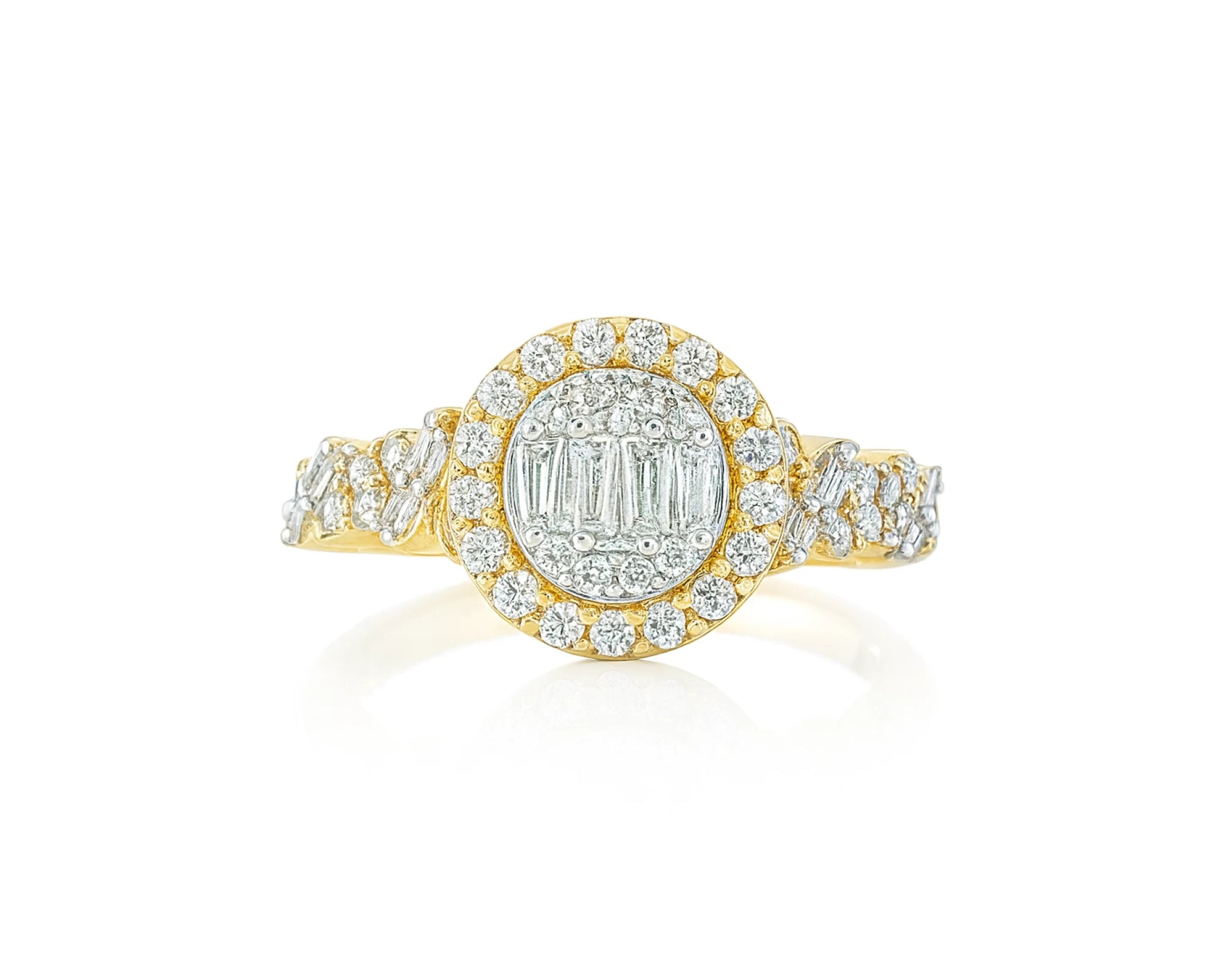 14k Gold Diamond Oval Halo Ring with Baguette & Round Cluster 0.90ct – lifestyle 693