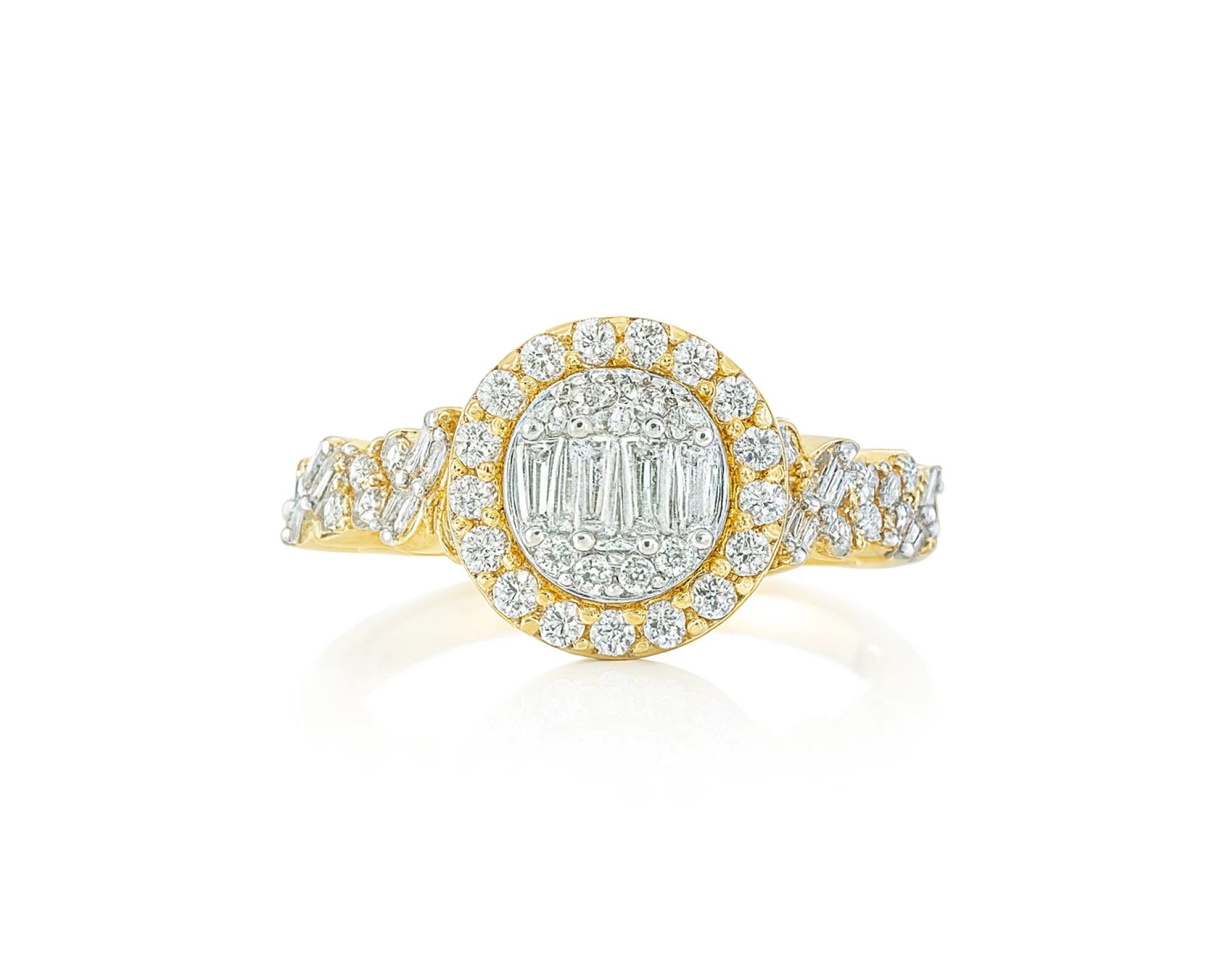 14k Gold Diamond Oval Halo Ring with Baguette & Round Cluster 0.90ct – lifestyle 693