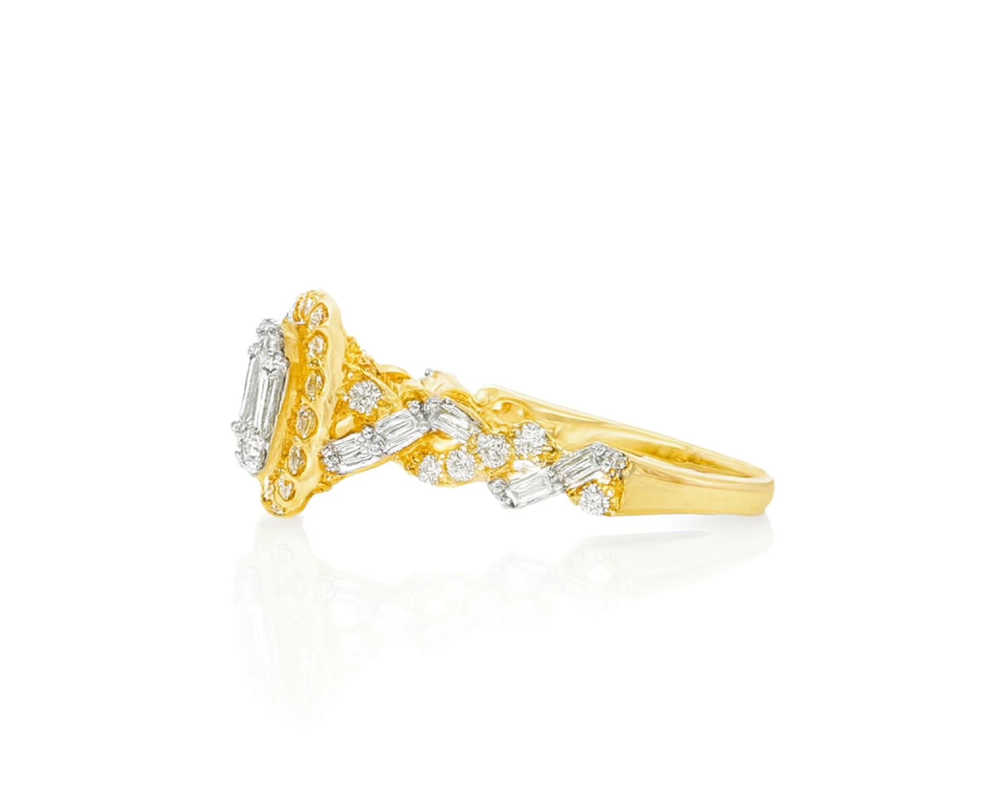 14k Gold Diamond Oval Halo Ring with Baguette & Round Cluster 0.90ct – lifestyle 695