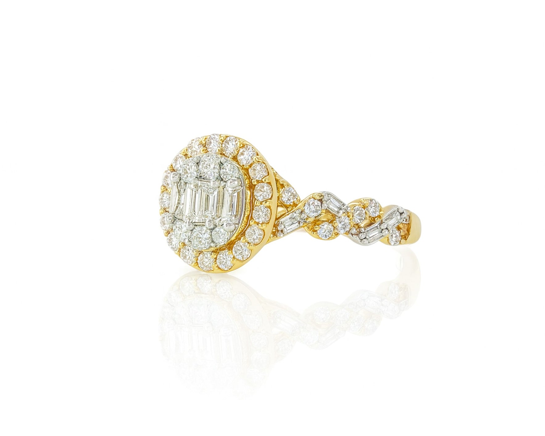 14k Gold Diamond Oval Halo Ring with Baguette & Round Cluster 0.90ct – lifestyle 696