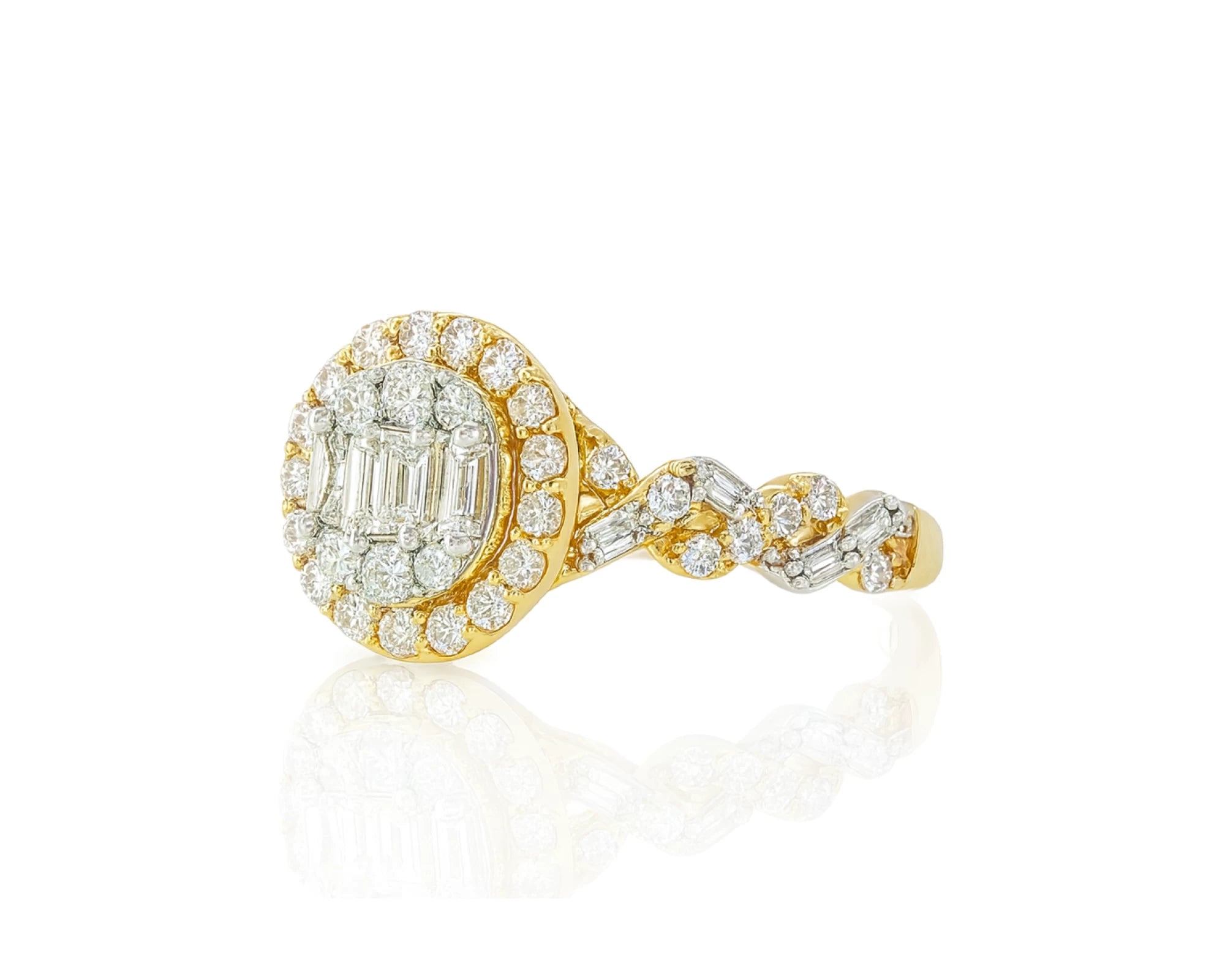 14k Gold Diamond Oval Halo Ring with Baguette & Round Cluster 0.90ct – lifestyle 696