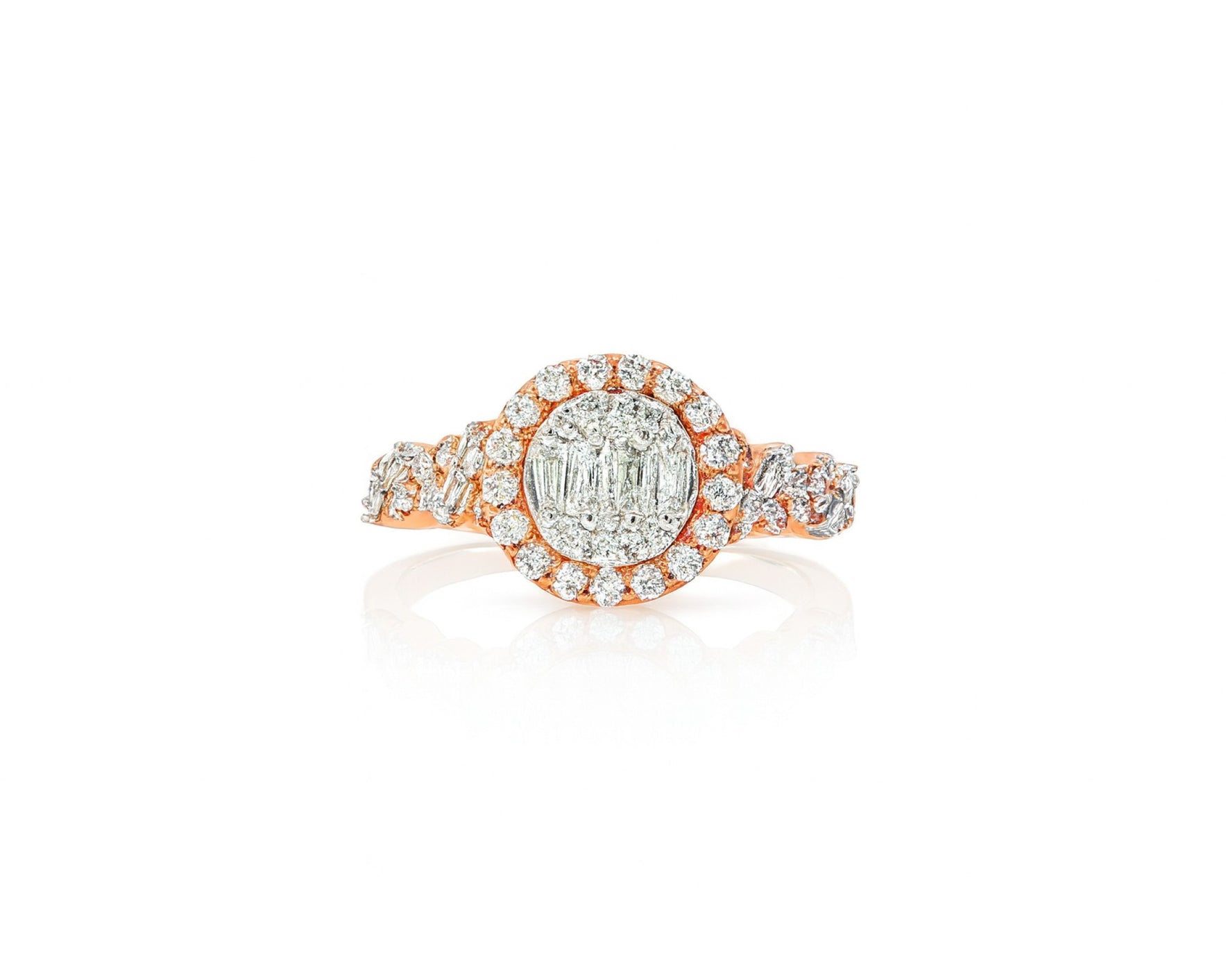 14k Gold Diamond Oval Halo Ring with Baguette & Round Cluster 0.90ct – lifestyle 698