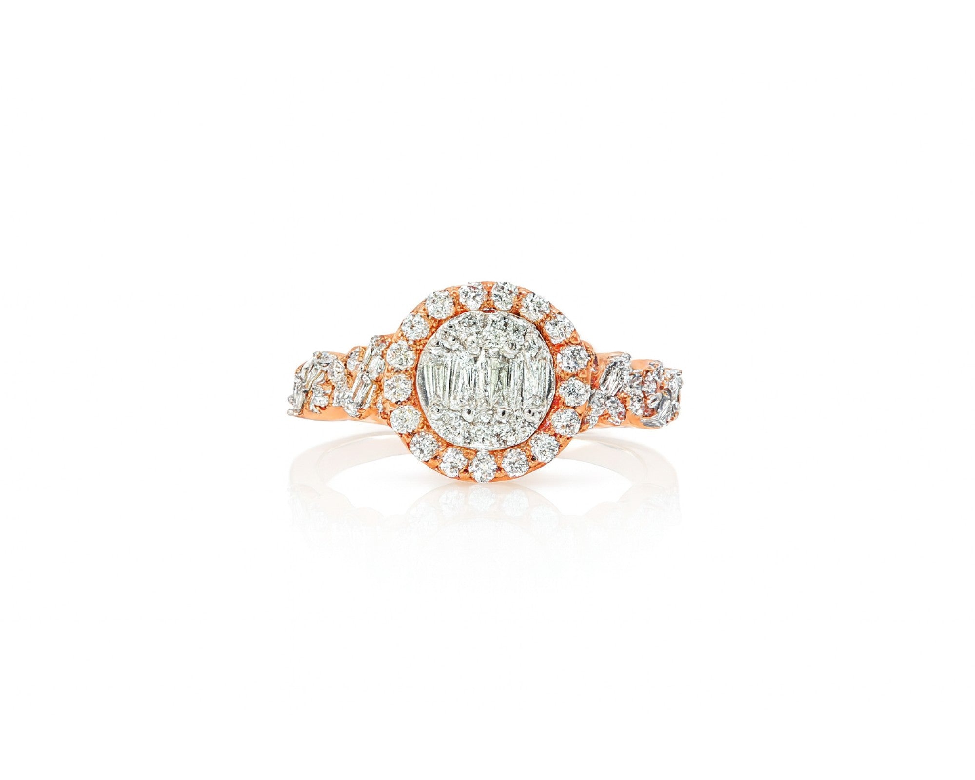 14k Gold Diamond Oval Halo Ring with Baguette & Round Cluster 0.90ct – lifestyle 698