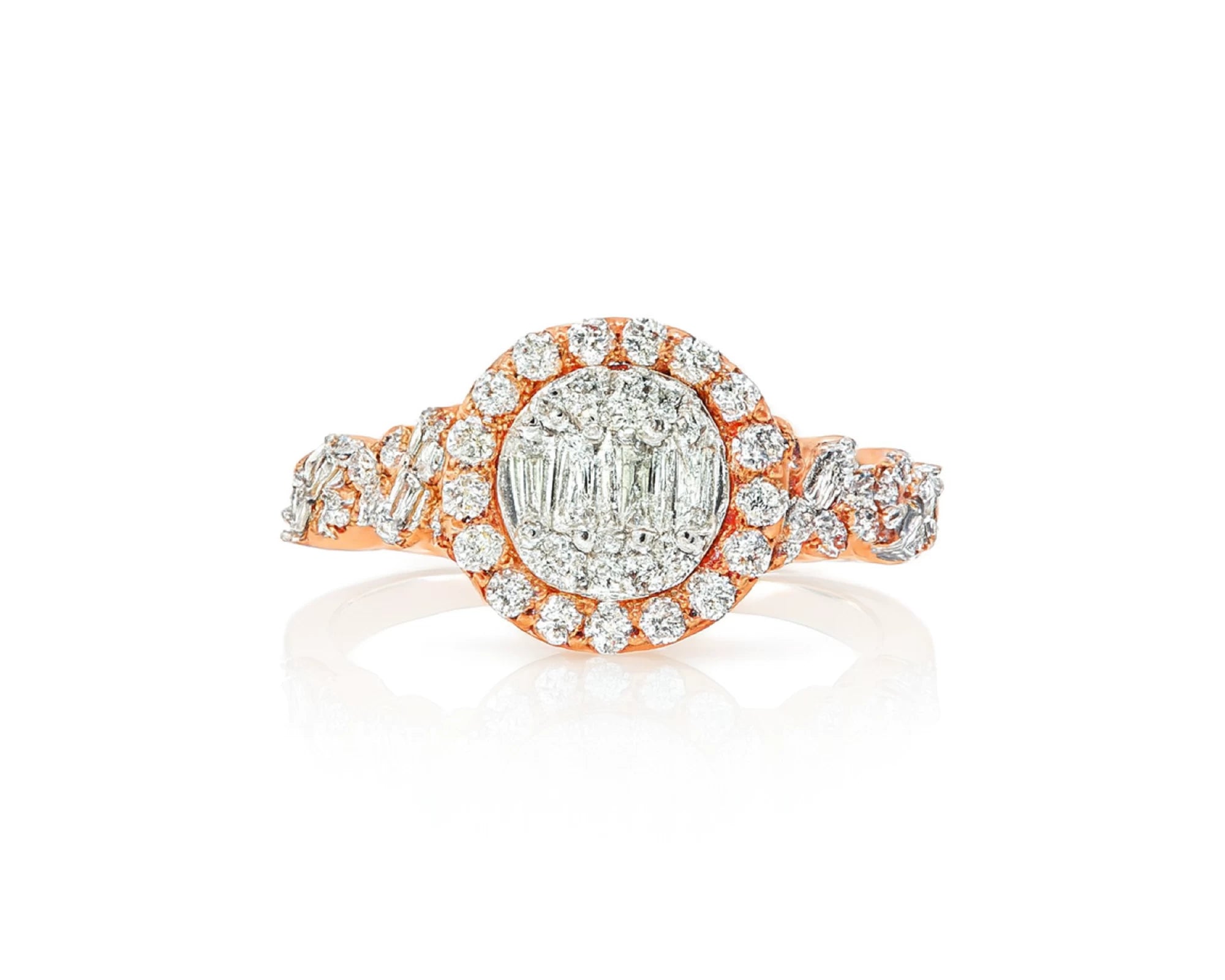 14k Gold Diamond Oval Halo Ring with Baguette & Round Cluster 0.90ct – lifestyle 698