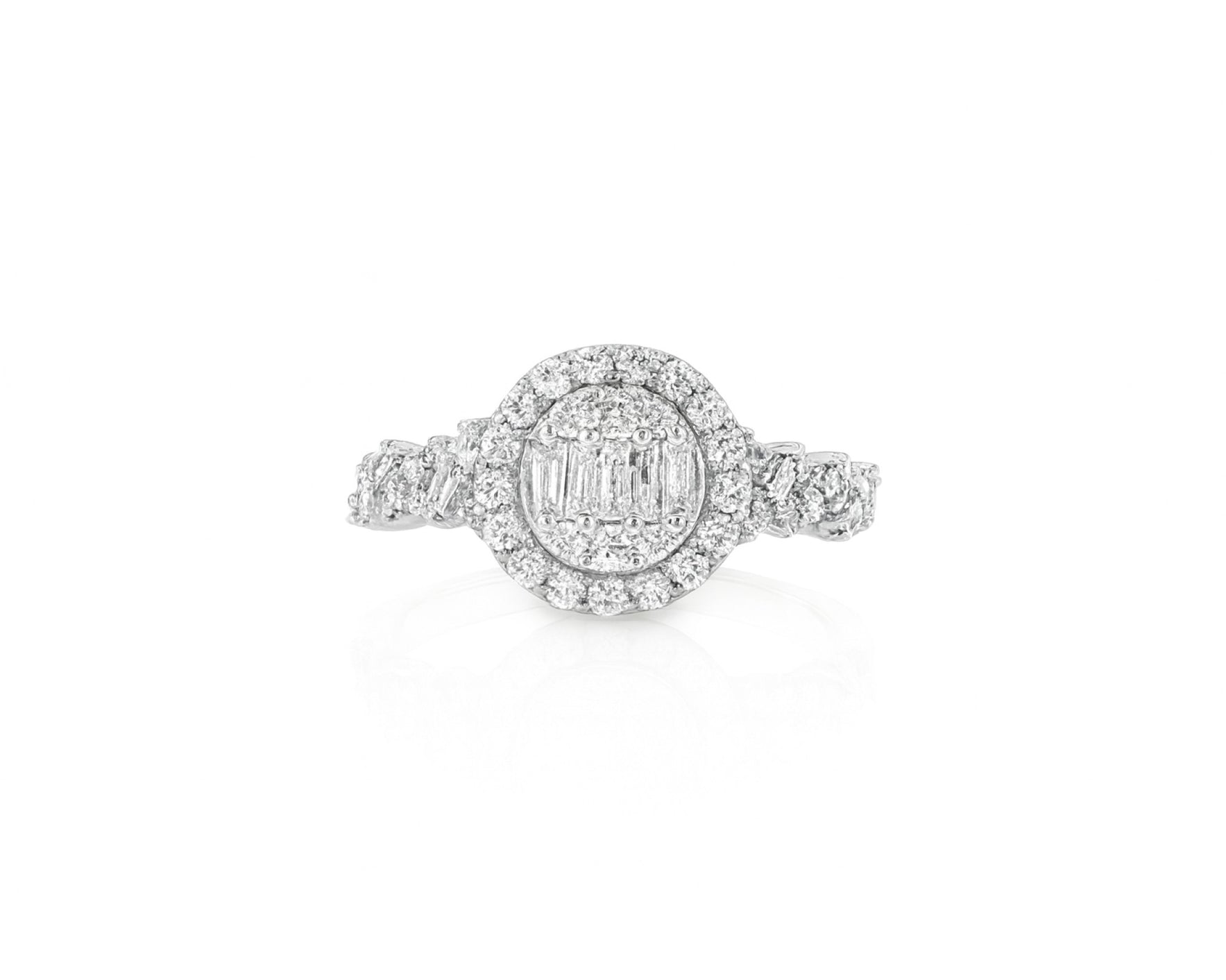 14k Gold Diamond Oval Halo Ring with Baguette & Round Cluster 0.90ct – lifestyle 699