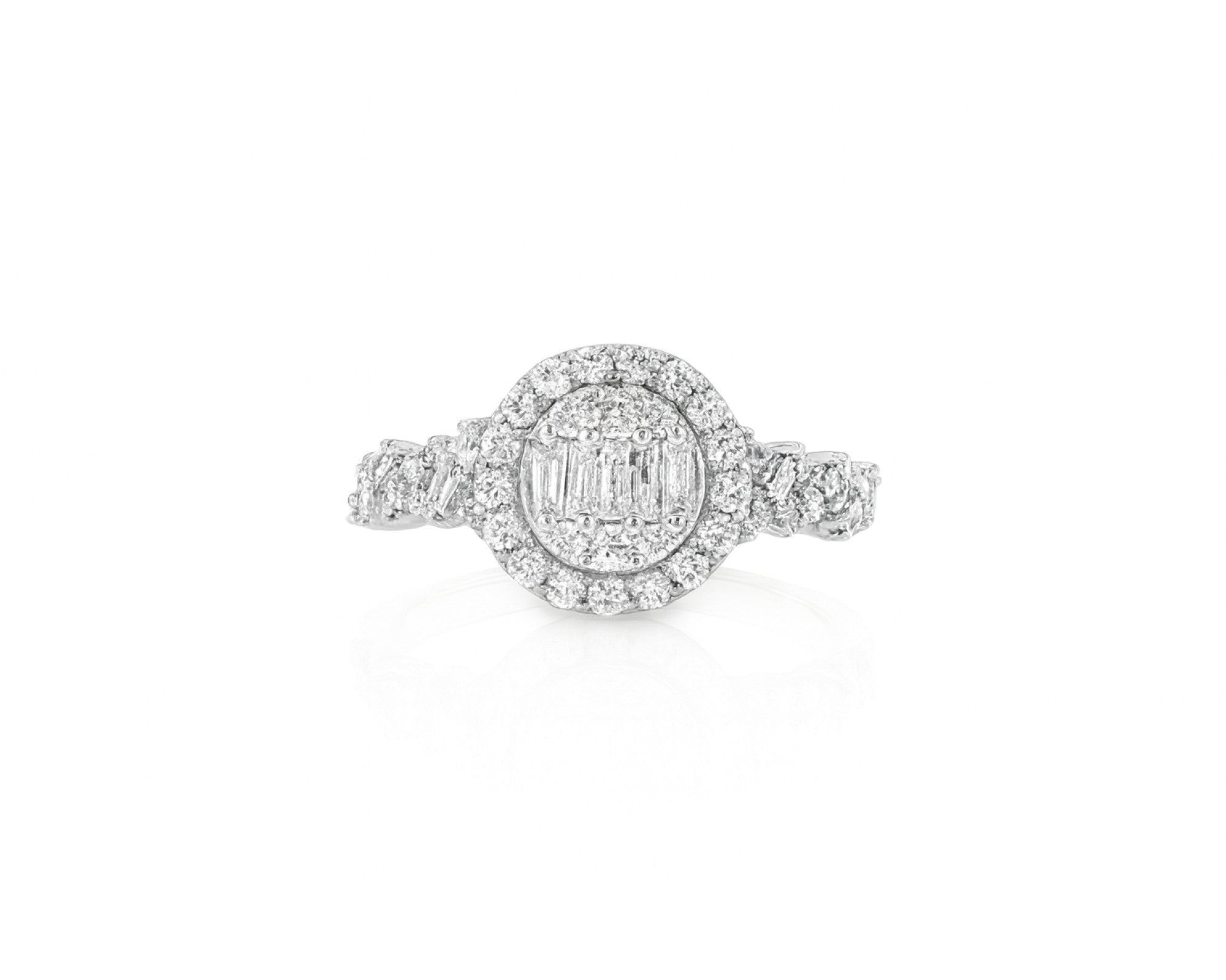 14k Gold Diamond Oval Halo Ring with Baguette & Round Cluster 0.90ct – lifestyle 699