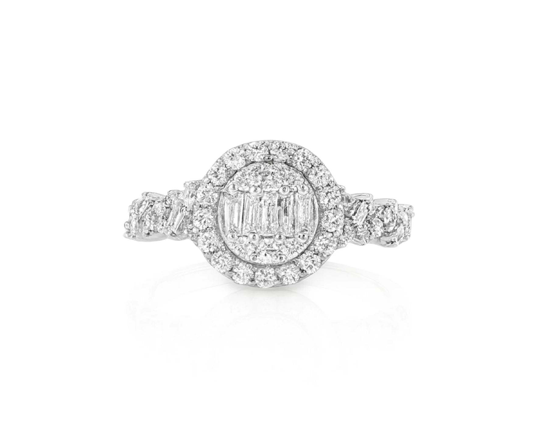 14k Gold Diamond Oval Halo Ring with Baguette & Round Cluster 0.90ct – lifestyle 699