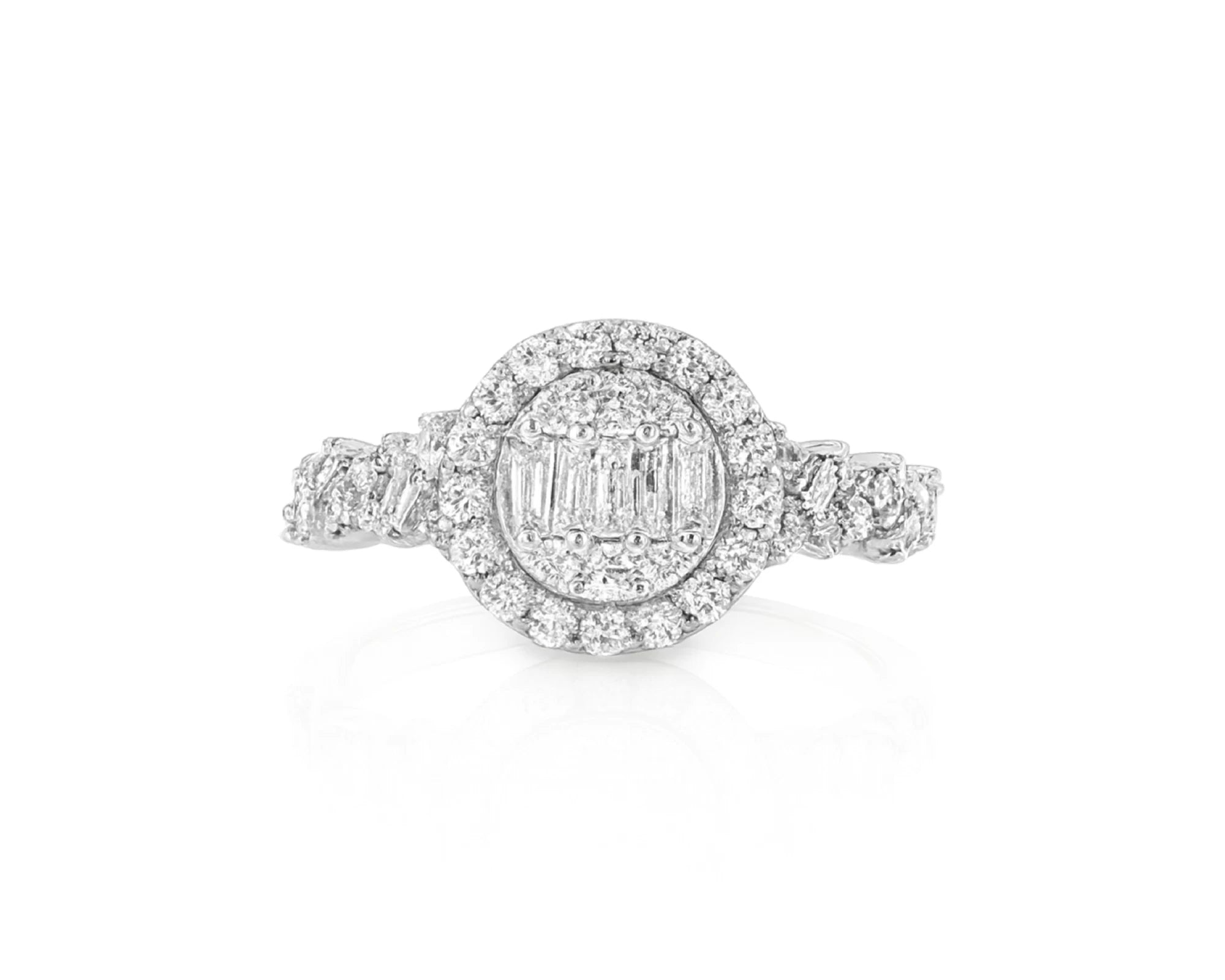 14k Gold Diamond Oval Halo Ring with Baguette & Round Cluster 0.90ct – lifestyle 699