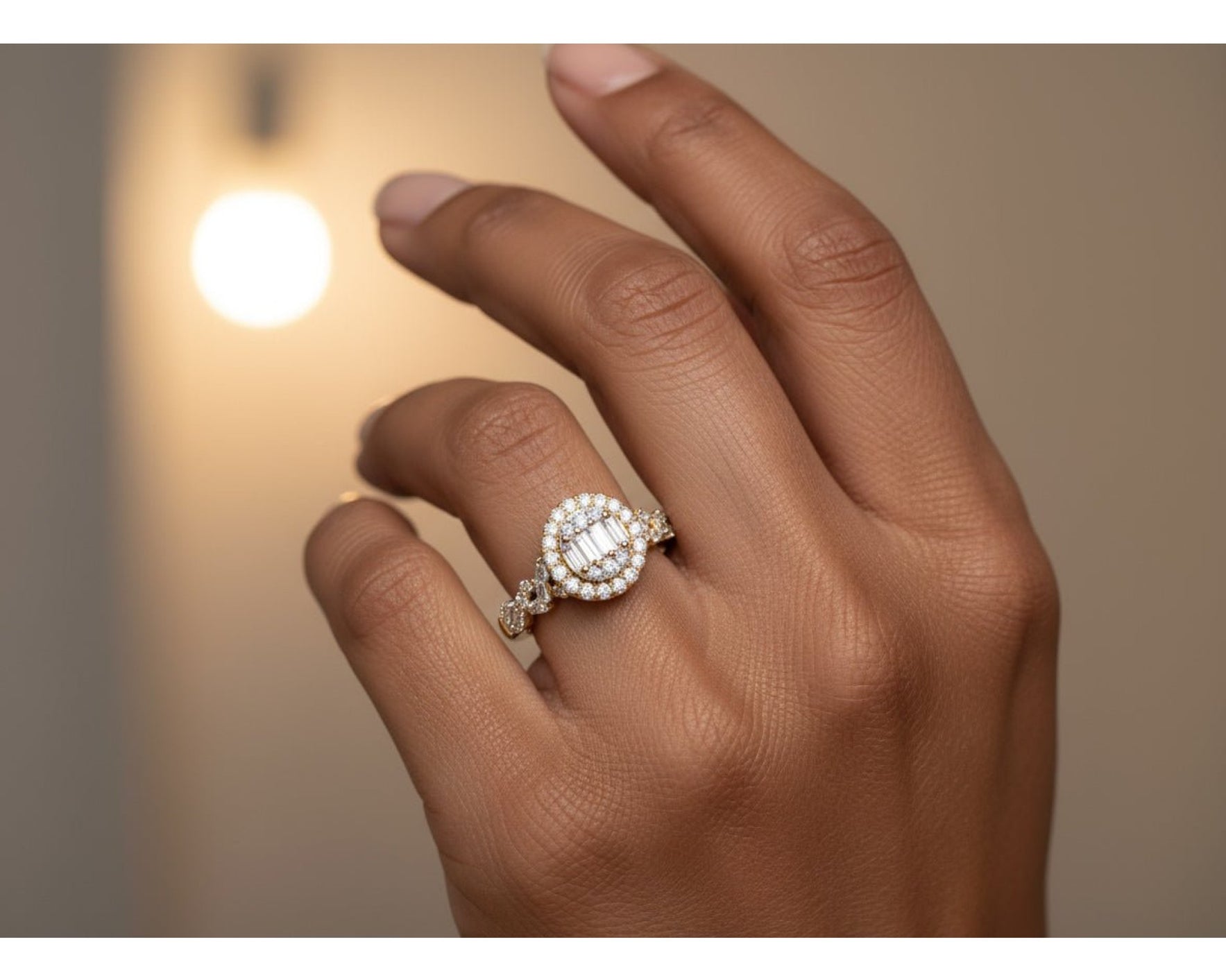 14k Gold Diamond Oval Halo Ring with Baguette & Round Cluster 0.90ct – view 2