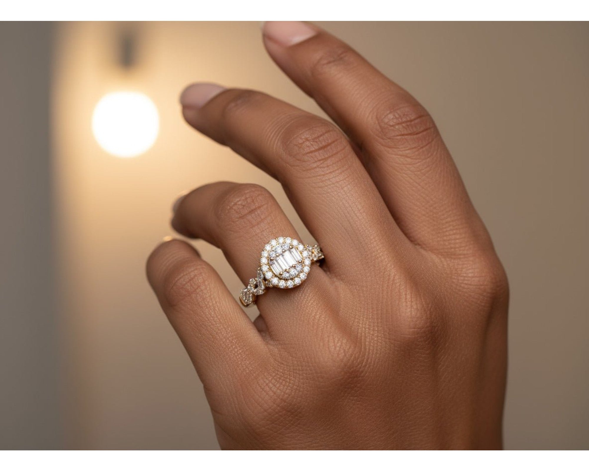 14k Gold Diamond Oval Halo Ring with Baguette & Round Cluster 0.90ct – view 2