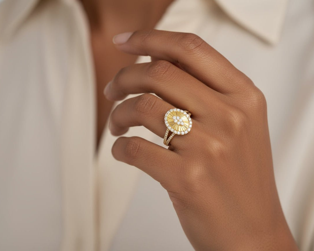 14k Gold Diamond Oval Halo Ring with Radiant Sunburst Design 0.60ct - AVI THE JEWELER