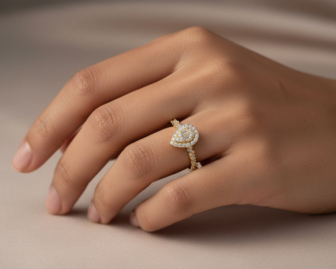 14k Gold Diamond Pear - Shaped Halo Ring with Baguette Center 0.60ct - AVI THE JEWELER