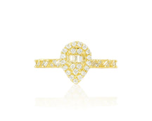 14k Gold Diamond Pear-Shaped Halo Ring with Baguette Center 0.60ct