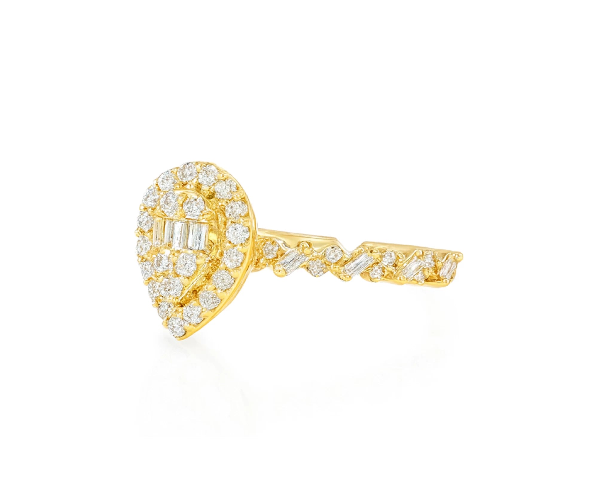 14k Gold Diamond Pear-Shaped Halo Ring with Baguette Center 0.60ct – lifestyle 1030