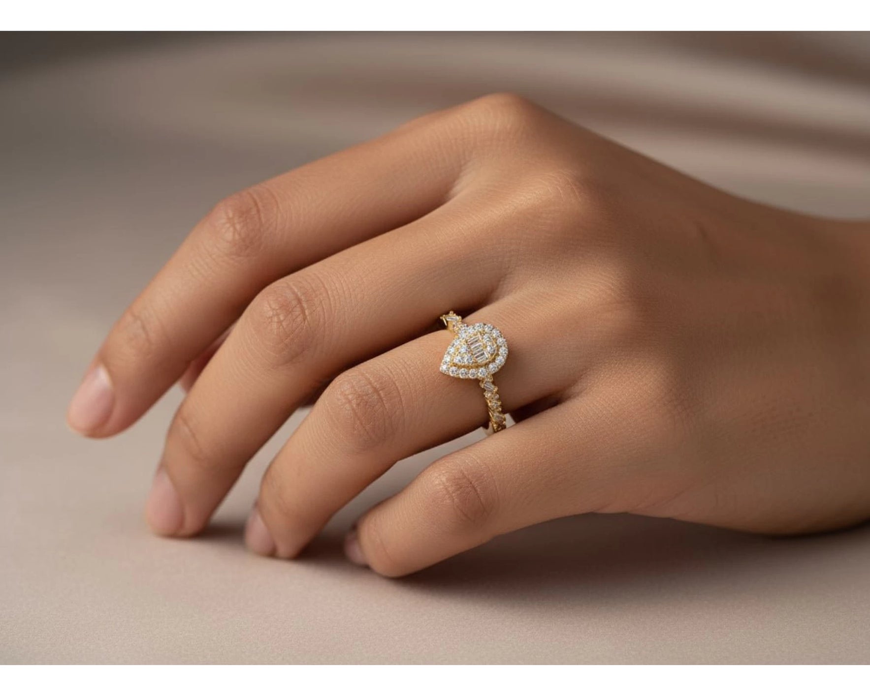 14k Gold Diamond Pear-Shaped Halo Ring with Baguette Center 0.60ct – view 2