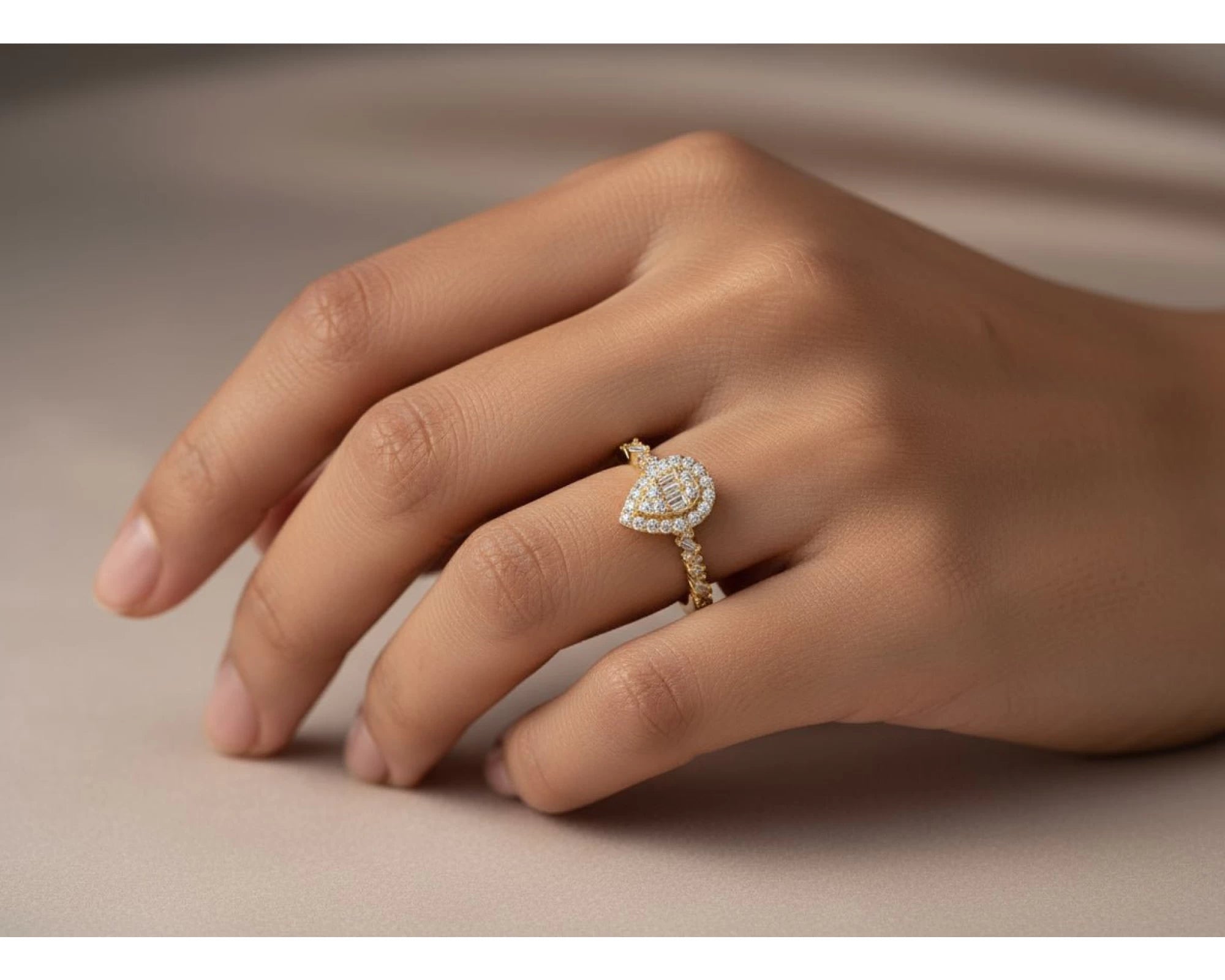 14k Gold Diamond Pear-Shaped Halo Ring with Baguette Center 0.60ct – view 2