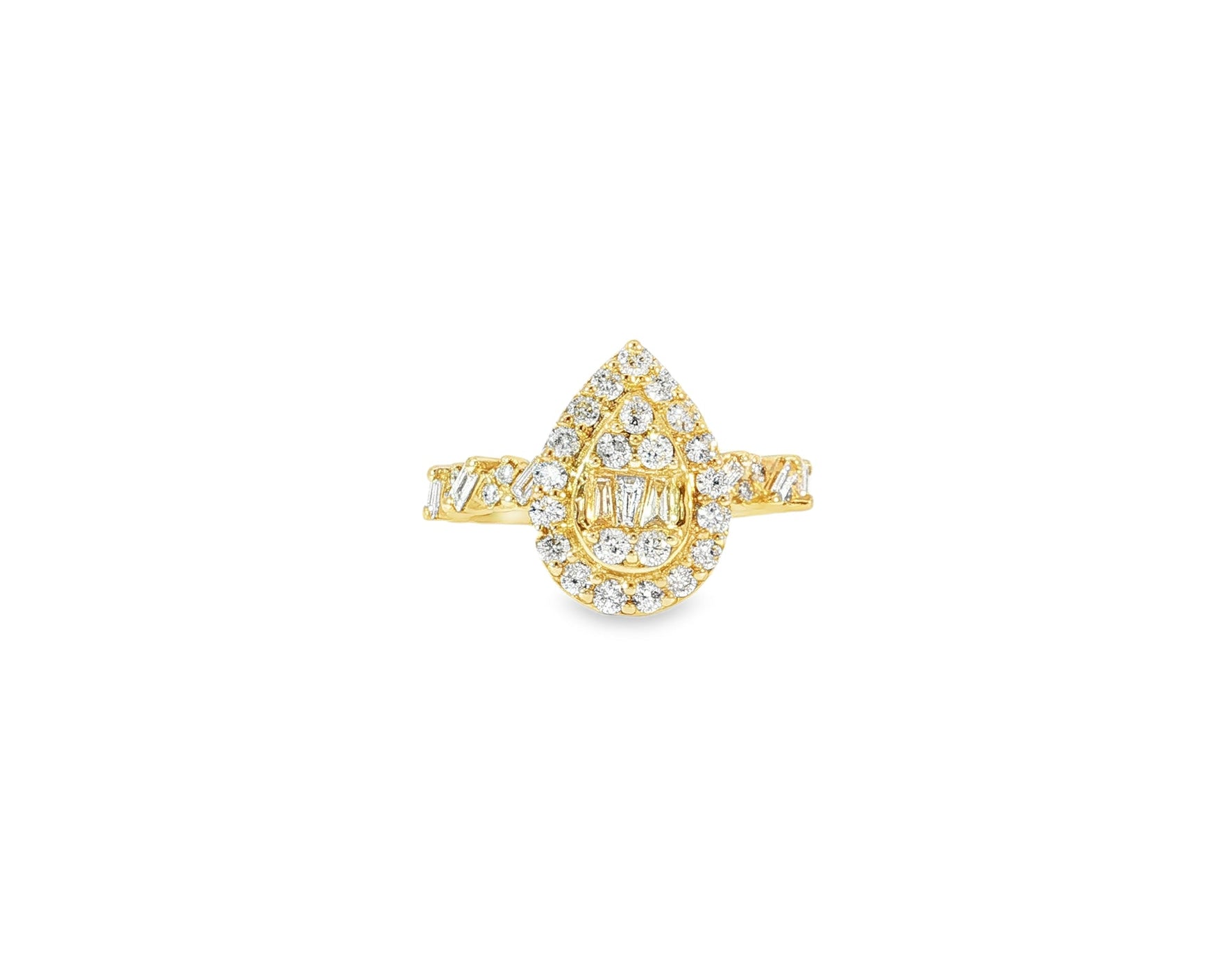 14k Gold Diamond Pear - Shaped Halo Ring with Baguette & Round 1.25ct - AVI THE JEWELER
