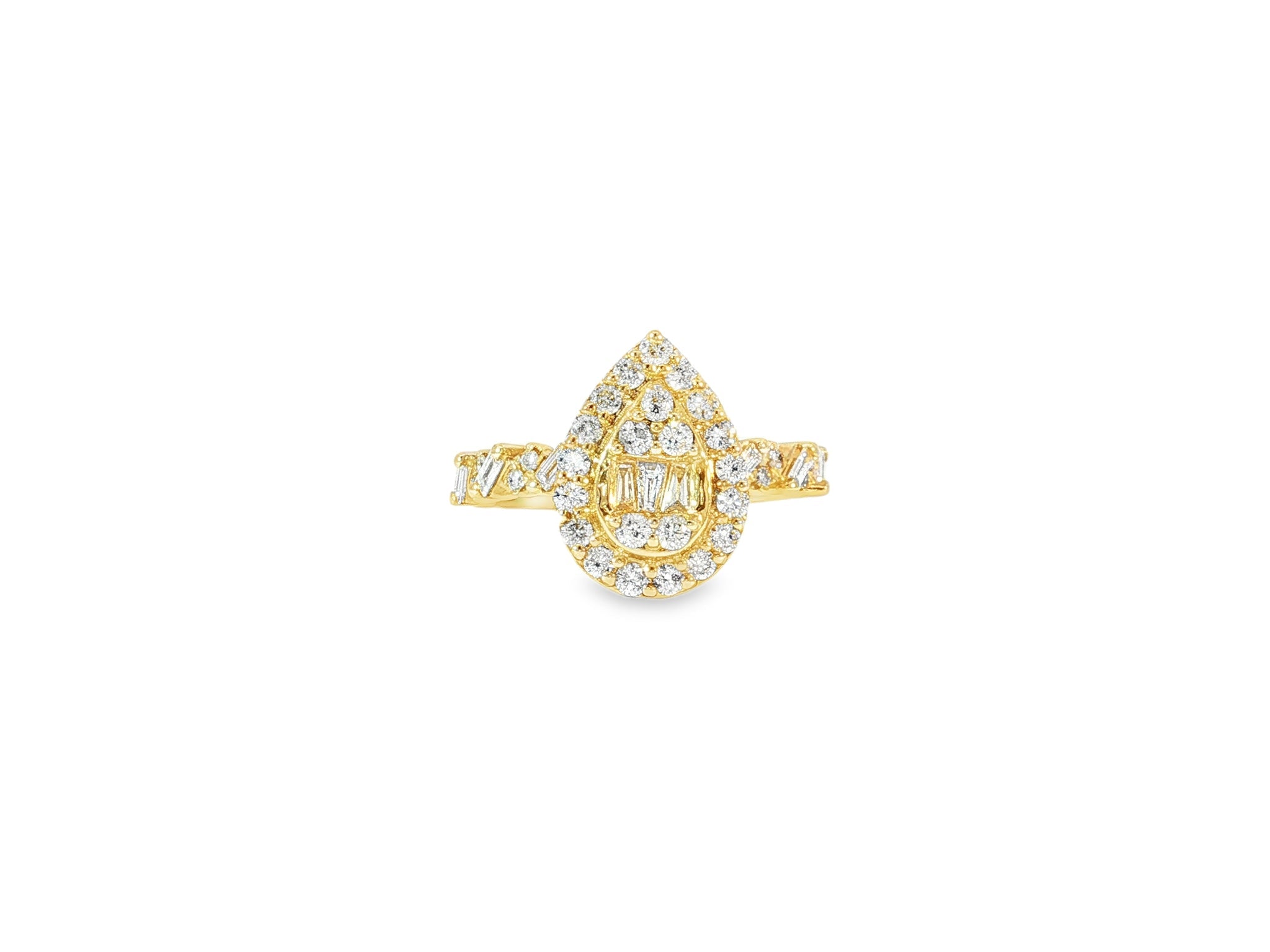 14k Gold Diamond Pear - Shaped Halo Ring with Baguette & Round 1.25ct - AVI THE JEWELER
