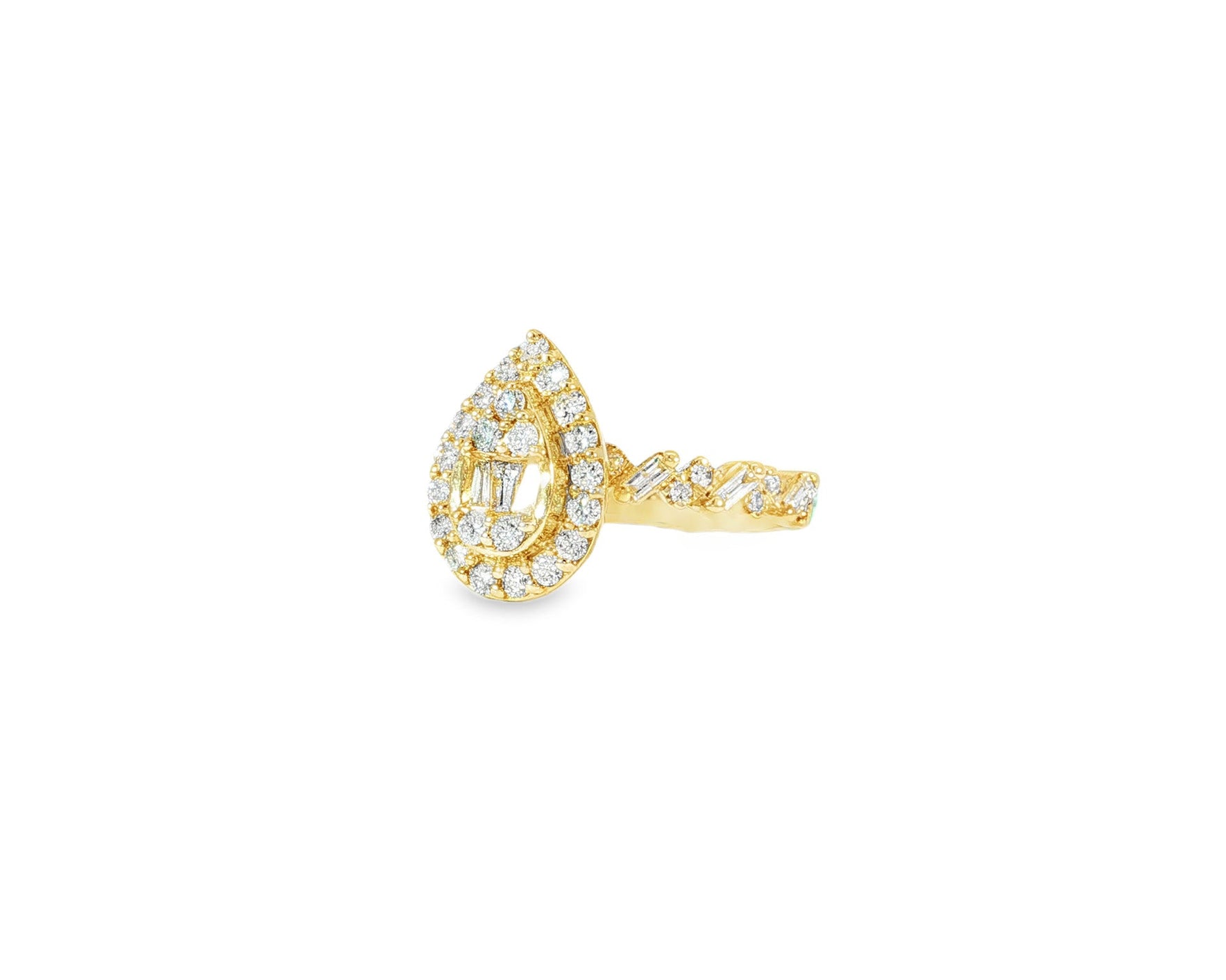 14k Gold Diamond Pear - Shaped Halo Ring with Baguette & Round 1.25ct - AVI THE JEWELER