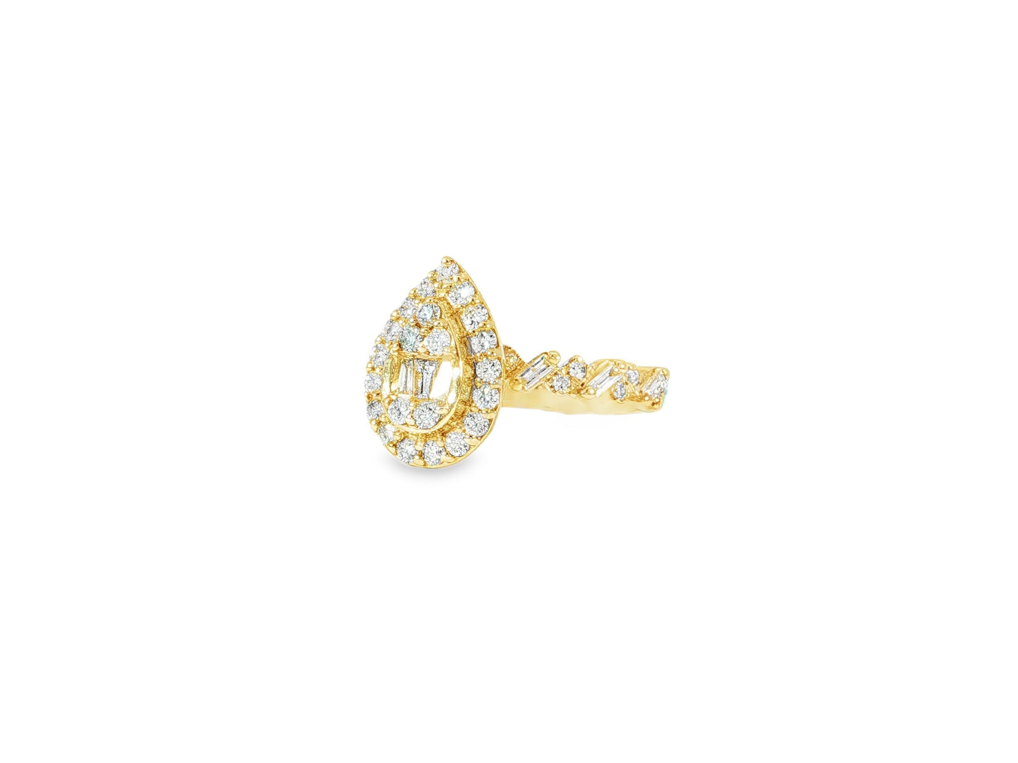 14k Gold Diamond Pear - Shaped Halo Ring with Baguette & Round 1.25ct - AVI THE JEWELER