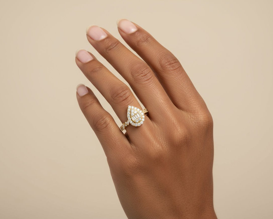 14k Gold Diamond Pear - Shaped Halo Ring with Baguette & Round 1.25ct - AVI THE JEWELER
