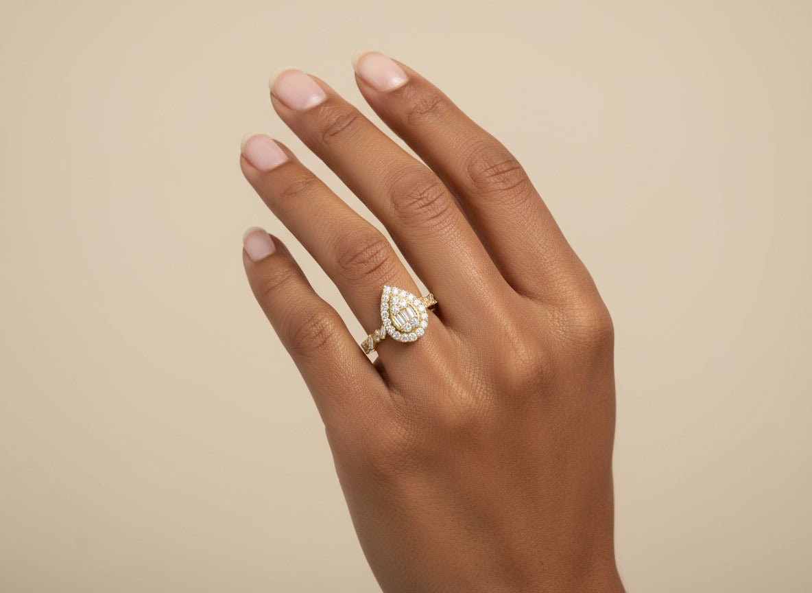 14k Gold Diamond Pear - Shaped Halo Ring with Baguette & Round 1.25ct - AVI THE JEWELER
