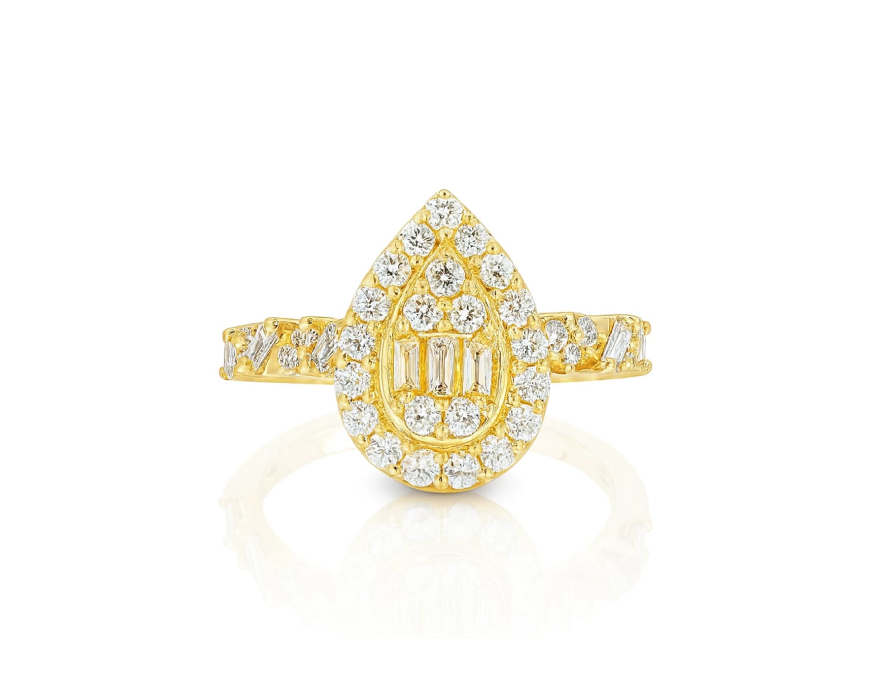 14k Gold Diamond Pear-Shaped Halo Ring with Baguette & Round 1.25ct – lifestyle 1039