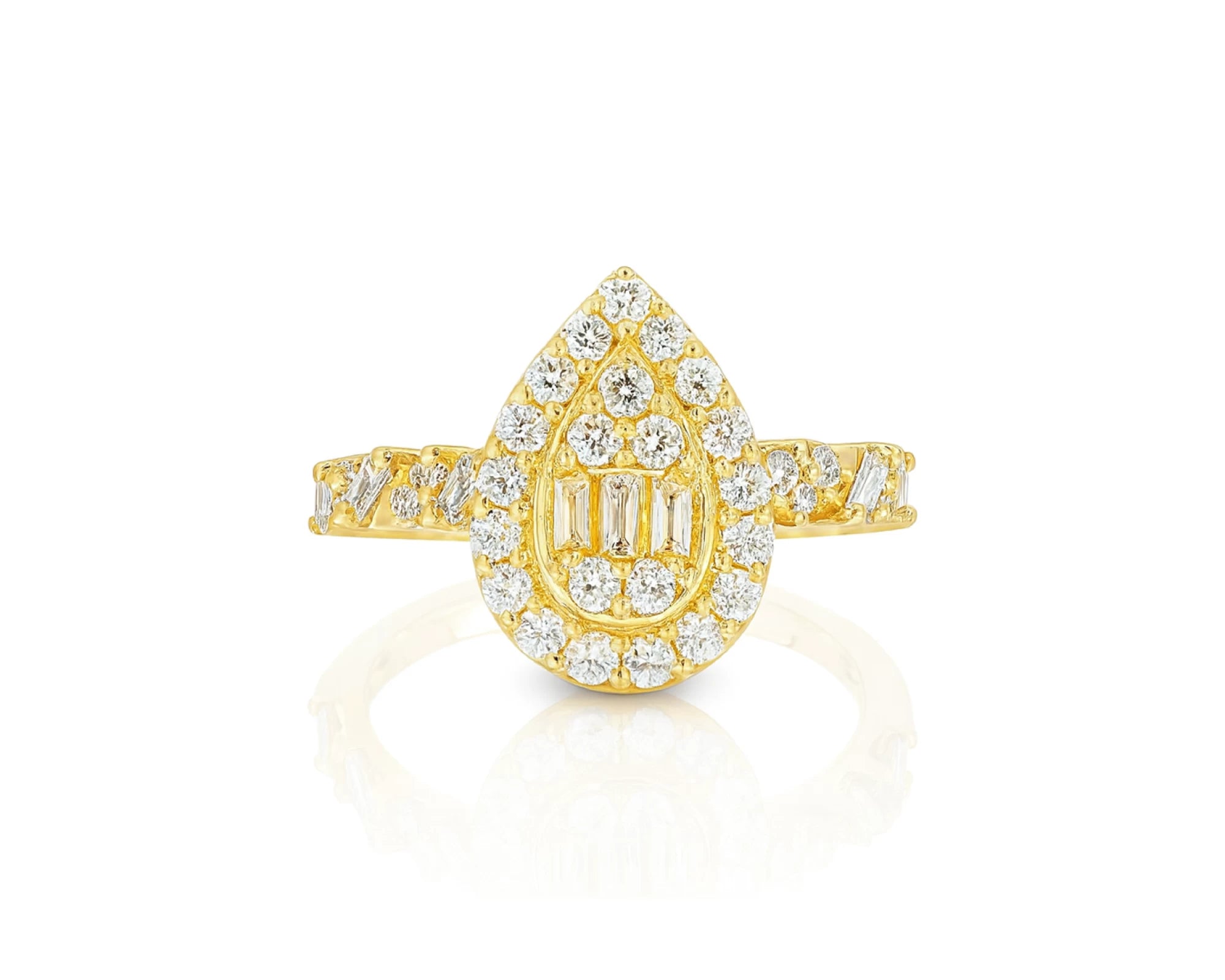 14k Gold Diamond Pear-Shaped Halo Ring with Baguette & Round 1.25ct – lifestyle 1039