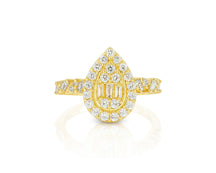 14k Gold Diamond Pear-Shaped Halo Ring with Baguette & Round 1.25ct