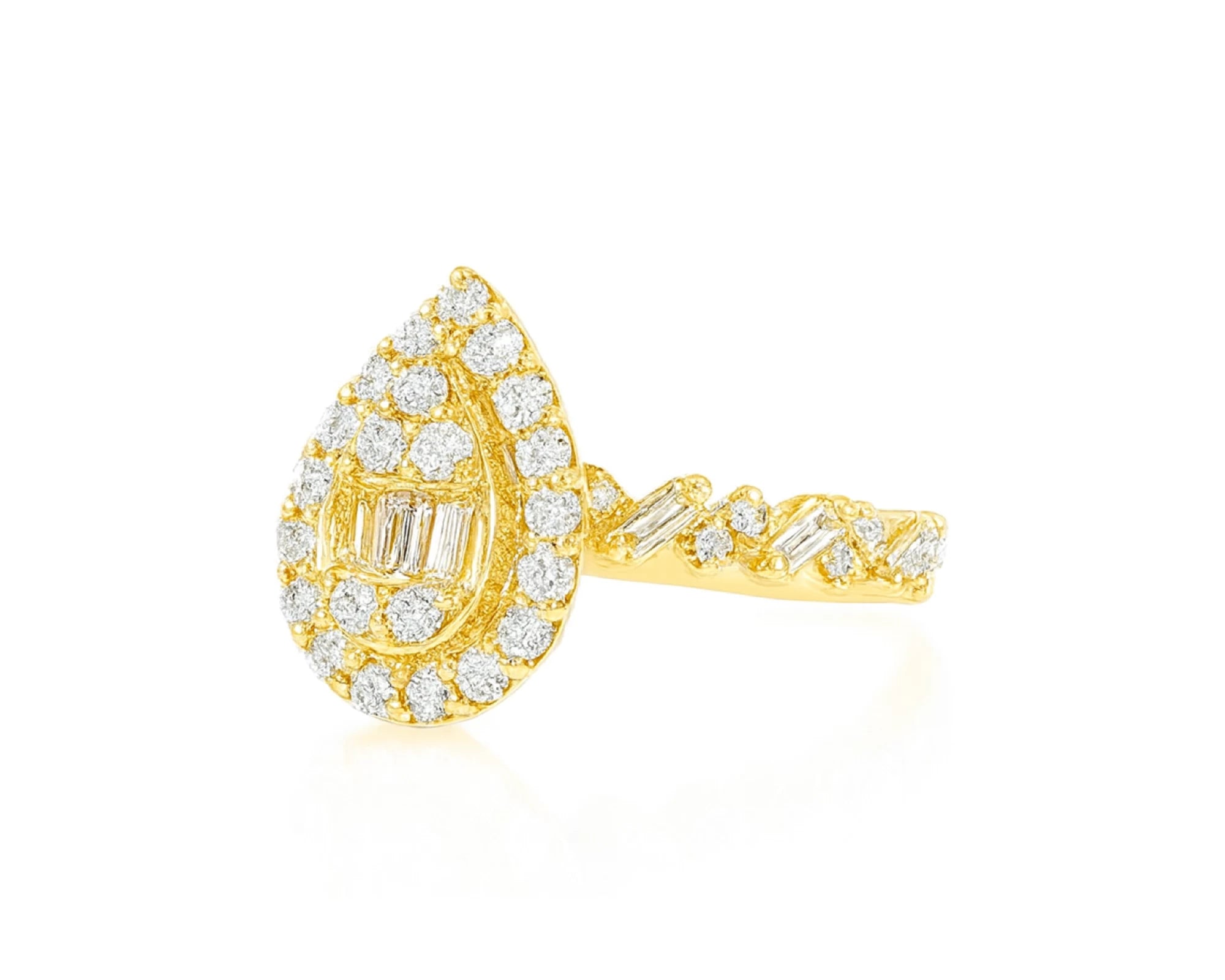 14k Gold Diamond Pear-Shaped Halo Ring with Baguette & Round 1.25ct – lifestyle 1040