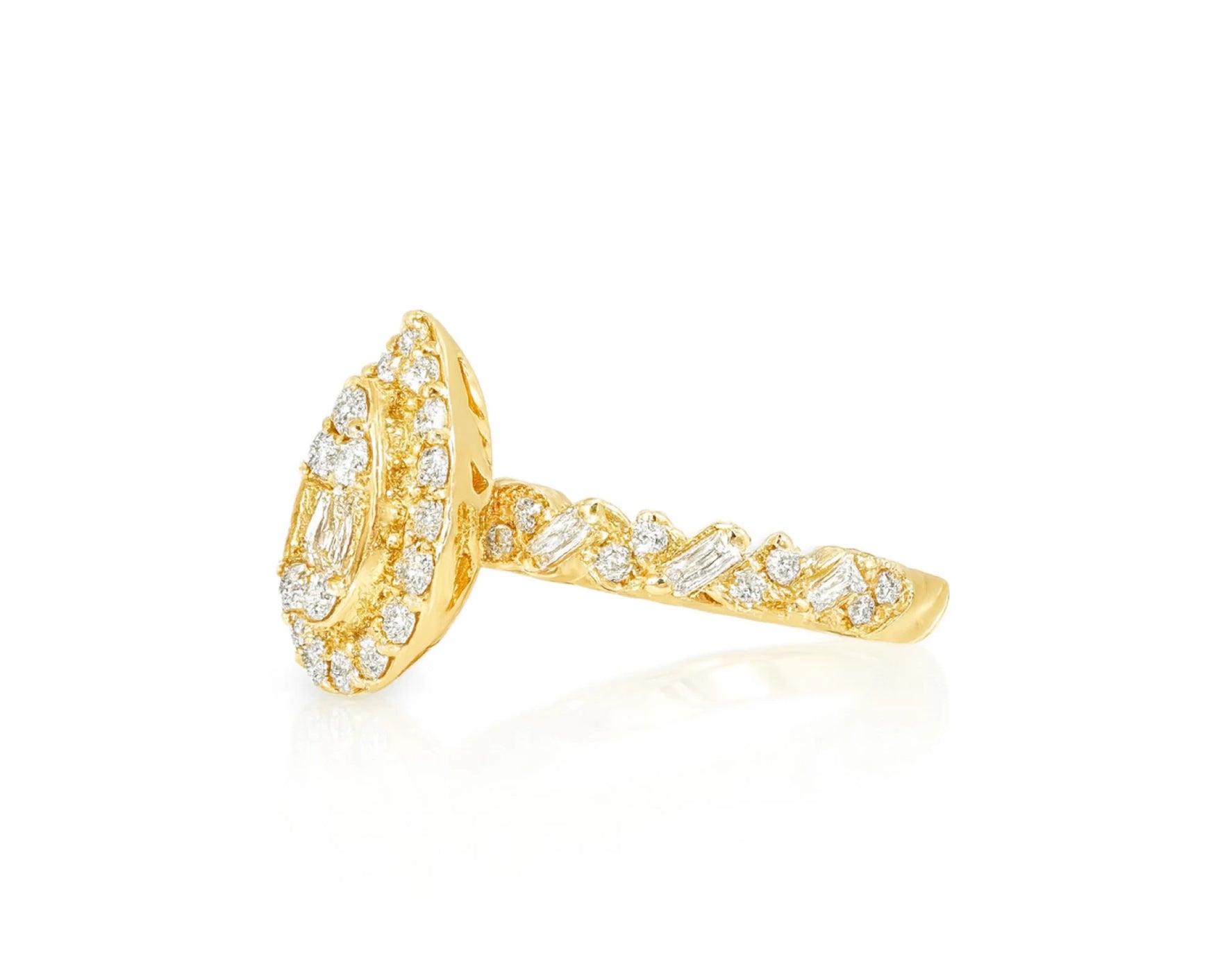 14k Gold Diamond Pear-Shaped Halo Ring with Baguette & Round 1.25ct – lifestyle 1041