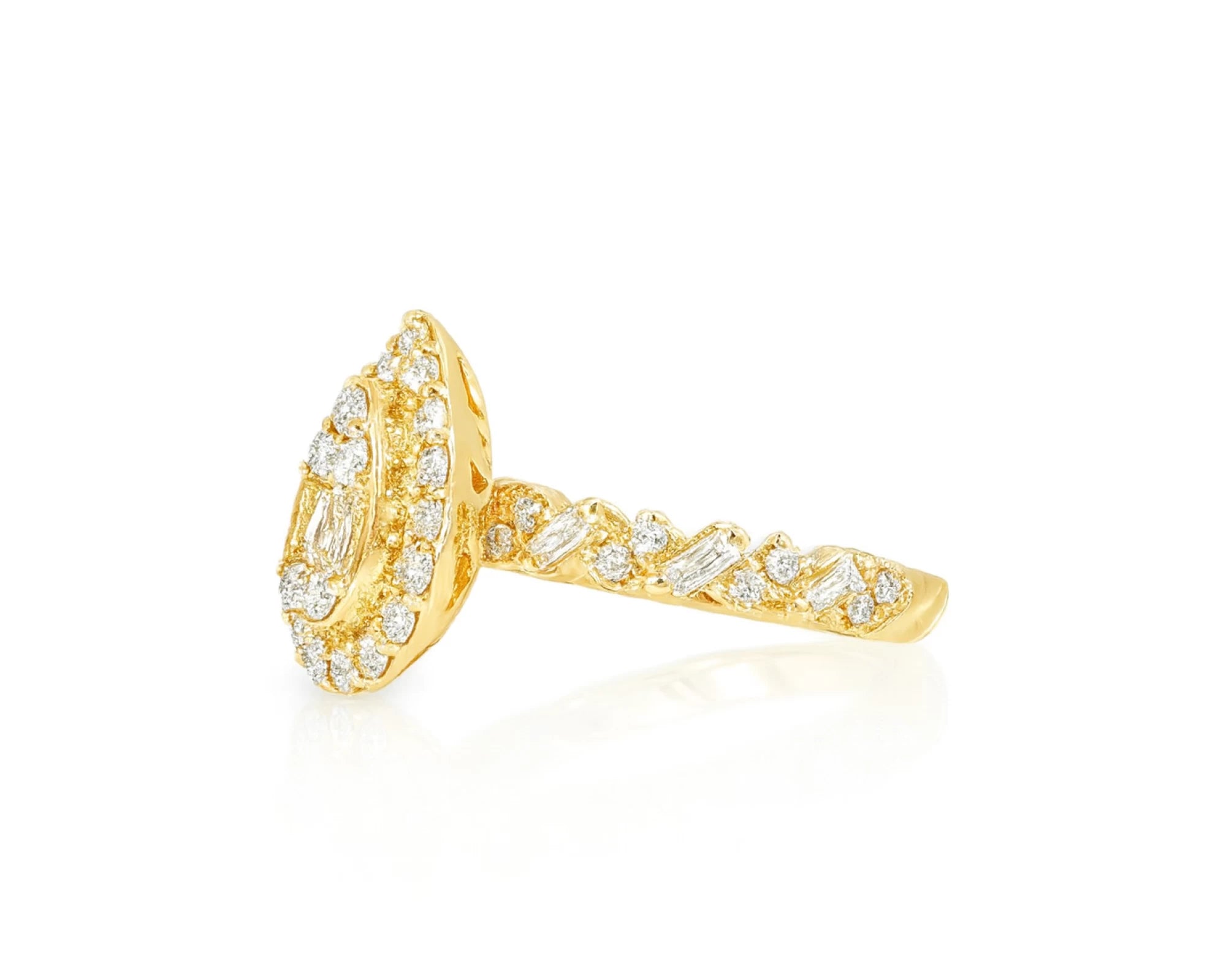 14k Gold Diamond Pear-Shaped Halo Ring with Baguette & Round 1.25ct – lifestyle 1041
